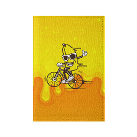 Обложка для паспорта матовая кожа с принтом Банан на велосипеде в Тюмени, натуральная матовая кожа | размер 19,3 х 13,7 см; прозрачные пластиковые крепления | байк | банан | бананчик | велик | велосипед | живой банан | спорт