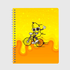 Тетрадь с принтом Банан на велосипеде в Тюмени, 100% бумага | 48 листов, плотность листов — 60 г/м2, плотность картонной обложки — 250 г/м2. Листы скреплены сбоку удобной пружинной спиралью. Уголки страниц и обложки скругленные. Цвет линий — светло-серый
 | Тематика изображения на принте: байк | банан | бананчик | велик | велосипед | живой банан | спорт