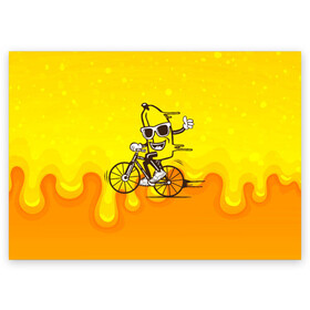 Поздравительная открытка с принтом Банан на велосипеде в Тюмени, 100% бумага | плотность бумаги 280 г/м2, матовая, на обратной стороне линовка и место для марки
 | Тематика изображения на принте: байк | банан | бананчик | велик | велосипед | живой банан | спорт