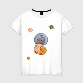 Женская футболка хлопок с принтом Утконос и космос в Тюмени, 100% хлопок | прямой крой, круглый вырез горловины, длина до линии бедер, слегка спущенное плечо | звёзды | космос | любовь | планеты | утконос