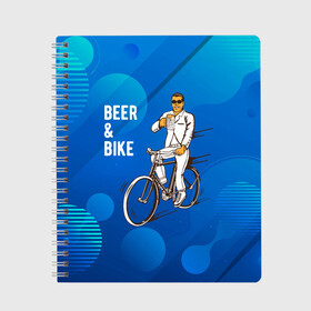 Тетрадь с принтом Велосипед и пиво в Тюмени, 100% бумага | 48 листов, плотность листов — 60 г/м2, плотность картонной обложки — 250 г/м2. Листы скреплены сбоку удобной пружинной спиралью. Уголки страниц и обложки скругленные. Цвет линий — светло-серый
 | Тематика изображения на принте: без рук | вело | велосипед | велосипедист | колеса | руль | спорт