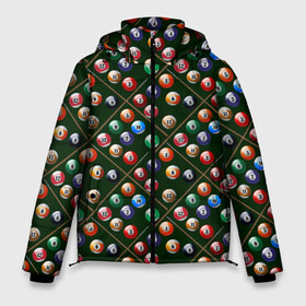 Мужская зимняя куртка 3D с принтом Бильярд в Тюмени, верх — 100% полиэстер; подкладка — 100% полиэстер; утеплитель — 100% полиэстер | длина ниже бедра, свободный силуэт Оверсайз. Есть воротник-стойка, отстегивающийся капюшон и ветрозащитная планка. 

Боковые карманы с листочкой на кнопках и внутренний карман на молнии. | a game | balls | billiards | eight | pool | russian billiards | snooker | tournament | бильярд | восьмерка | игра | пул | русский бильярд | снукер | турнир | шары