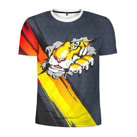 Мужская футболка 3D спортивная с принтом Тигр разрывает изнутри в Тюмени, 100% полиэстер с улучшенными характеристиками | приталенный силуэт, круглая горловина, широкие плечи, сужается к линии бедра | дыра | дырка | крупная кошка | разрывает | тигр | тигрица