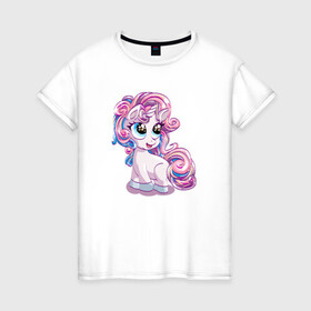 Женская футболка хлопок с принтом Маленький розовый единорог в Тюмени, 100% хлопок | прямой крой, круглый вырез горловины, длина до линии бедер, слегка спущенное плечо | horse | kawaii | unikorn | единорог | единорожка | конь | лошадь | пони | радуга | рог | цветной