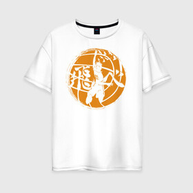 Женская футболка хлопок Oversize с принтом Лозунг Карасуно на волейбольном мяче в Тюмени, 100% хлопок | свободный крой, круглый ворот, спущенный рукав, длина до линии бедер
 | anime | haikyu | haikyuu | karasuno | karasuno high | manga | аниме | волейбол | волейбольный клуб | вороны | иероглиф | карасуно | лого | манга | мяч | на японском | надпись | старшая школа | хаику | хаикую | японские