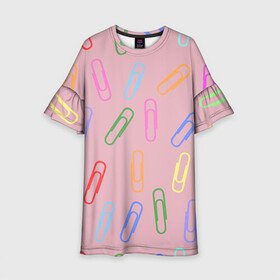 Детское платье 3D с принтом скрепки на пыльно розовом в Тюмени, 100% полиэстер | прямой силуэт, чуть расширенный к низу. Круглая горловина, на рукавах — воланы | Тематика изображения на принте: геометрический | канцелярия | пыльно розовый | разноцветный | скрепки | ученик | школа