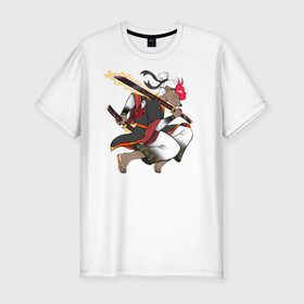 Мужская футболка хлопок Slim с принтом Honey badger samurai в Тюмени, 92% хлопок, 8% лайкра | приталенный силуэт, круглый вырез ворота, длина до линии бедра, короткий рукав | барсук | зверь | иллюстрация | китай | медоед | самурай