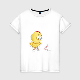 Женская футболка хлопок с принтом Цыпа в Тюмени, 100% хлопок | прямой крой, круглый вырез горловины, длина до линии бедер, слегка спущенное плечо | детский | детям | желтый | лето | малыш | прикол | розовый | цыпленок | червяк | юмор