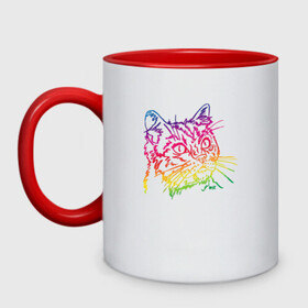 Кружка двухцветная с принтом Rainbow Cat в Тюмени, керамика | объем — 330 мл, диаметр — 80 мм. Цветная ручка и кайма сверху, в некоторых цветах — вся внутренняя часть | animal | cat | cute | kitty | meow | друг | животные | киска | кися | китти | кот | котенок | котик | котэ | кошечка | кошка | мур | мяу | питомец