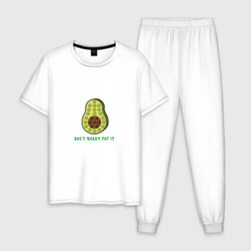 Мужская пижама хлопок с принтом Dont worry Pop it в Тюмени, 100% хлопок | брюки и футболка прямого кроя, без карманов, на брюках мягкая резинка на поясе и по низу штанин
 | Тематика изображения на принте: avocado | авокадо | надпись | овощ