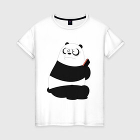 Женская футболка хлопок с принтом Возмущенная панда в Тюмени, 100% хлопок | прямой крой, круглый вырез горловины, длина до линии бедер, слегка спущенное плечо | белый медведь | возмущение | животное | зависимость | медведь | панда | телефон