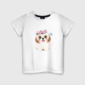 Детская футболка хлопок с принтом Ши-тцу собака в Тюмени, 100% хлопок | круглый вырез горловины, полуприлегающий силуэт, длина до линии бедер | cute | dog | shih tzu | woof | гав | забавный | пес | песель | песик | смешной | собака | собачка | ши тцу | щенок