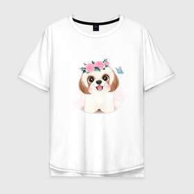 Мужская футболка хлопок Oversize с принтом Ши-тцу собака в Тюмени, 100% хлопок | свободный крой, круглый ворот, “спинка” длиннее передней части | cute | dog | shih tzu | woof | гав | забавный | пес | песель | песик | смешной | собака | собачка | ши тцу | щенок