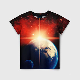 Детская футболка 3D с принтом Космос земля 3D в Тюмени, 100% гипоаллергенный полиэфир | прямой крой, круглый вырез горловины, длина до линии бедер, чуть спущенное плечо, ткань немного тянется | Тематика изображения на принте: вселенная | галактика | звёзды | земля | космос | лучи | рассвет | сияние | солнце