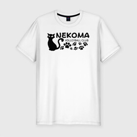 Мужская футболка хлопок Slim с принтом Волейбольный клуб Некома в Тюмени, 92% хлопок, 8% лайкра | приталенный силуэт, круглый вырез ворота, длина до линии бедра, короткий рукав | anime | haikyu | haikyuu | manga | nekoma high | аниме | волейбол | волейбольный клуб | кот | коты | кошка | кошки | красная | красный | лого | логотип | манга | надпись | старшая некома | старшая школа | хаику | хаикую