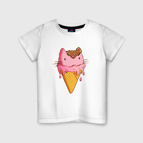 Детская футболка хлопок с принтом Cat Ice Cream в Тюмени, 100% хлопок | круглый вырез горловины, полуприлегающий силуэт, длина до линии бедер | animal | cat | cute | ice cream | kitty | meow | друг | еда | животные | киска | кися | китти | кот | котенок | котик | котэ | кошечка | кошка | мороженое | мур | мяу | питомец