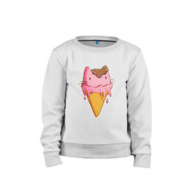 Детский свитшот хлопок с принтом Cat Ice Cream в Тюмени, 100% хлопок | круглый вырез горловины, эластичные манжеты, пояс и воротник | Тематика изображения на принте: animal | cat | cute | ice cream | kitty | meow | друг | еда | животные | киска | кися | китти | кот | котенок | котик | котэ | кошечка | кошка | мороженое | мур | мяу | питомец