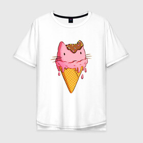 Мужская футболка хлопок Oversize с принтом Cat Ice Cream в Тюмени, 100% хлопок | свободный крой, круглый ворот, “спинка” длиннее передней части | Тематика изображения на принте: animal | cat | cute | ice cream | kitty | meow | друг | еда | животные | киска | кися | китти | кот | котенок | котик | котэ | кошечка | кошка | мороженое | мур | мяу | питомец