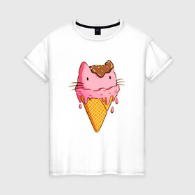 Женская футболка хлопок с принтом Cat Ice Cream в Тюмени, 100% хлопок | прямой крой, круглый вырез горловины, длина до линии бедер, слегка спущенное плечо | Тематика изображения на принте: animal | cat | cute | ice cream | kitty | meow | друг | еда | животные | киска | кися | китти | кот | котенок | котик | котэ | кошечка | кошка | мороженое | мур | мяу | питомец