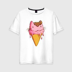 Женская футболка хлопок Oversize с принтом Cat Ice Cream в Тюмени, 100% хлопок | свободный крой, круглый ворот, спущенный рукав, длина до линии бедер
 | animal | cat | cute | ice cream | kitty | meow | друг | еда | животные | киска | кися | китти | кот | котенок | котик | котэ | кошечка | кошка | мороженое | мур | мяу | питомец
