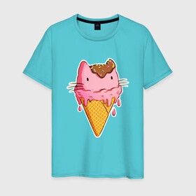 Мужская футболка хлопок с принтом Cat Ice Cream в Тюмени, 100% хлопок | прямой крой, круглый вырез горловины, длина до линии бедер, слегка спущенное плечо. | Тематика изображения на принте: animal | cat | cute | ice cream | kitty | meow | друг | еда | животные | киска | кися | китти | кот | котенок | котик | котэ | кошечка | кошка | мороженое | мур | мяу | питомец