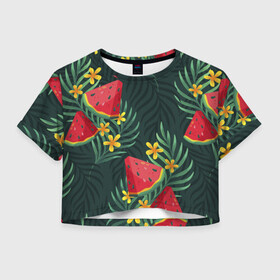 Женская футболка Crop-top 3D с принтом Арзуб и папоротник в Тюмени, 100% полиэстер | круглая горловина, длина футболки до линии талии, рукава с отворотами | арбуз | арт | иллюстрация | папоротник | цветок | ягода