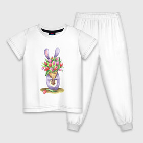 Детская пижама хлопок с принтом Зайчик с букетом в Тюмени, 100% хлопок |  брюки и футболка прямого кроя, без карманов, на брюках мягкая резинка на поясе и по низу штанин
 | 8марта | animals | bright | bunny | cute | flowers | funny | gift | green | holiday | lilac | pink | red | spring | summer | tulip | букет | весна | деньрождения | животные | заяц | зеленый | красный | лето | милый | подарок | розовый | тюльпан | цветы