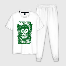 Мужская пижама хлопок с принтом Get Up - Stand Up в Тюмени, 100% хлопок | брюки и футболка прямого кроя, без карманов, на брюках мягкая резинка на поясе и по низу штанин
 | bob marley | get up | get up stand up | gorilla | stand up | боб марли | вставай | горилла | обезьяна