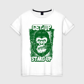 Женская футболка хлопок с принтом Get Up - Stand Up в Тюмени, 100% хлопок | прямой крой, круглый вырез горловины, длина до линии бедер, слегка спущенное плечо | bob marley | get up | get up stand up | gorilla | stand up | боб марли | вставай | горилла | обезьяна