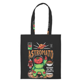 Шоппер 3D с принтом Astromato в Тюмени, 100% полиэстер | Плотность: 200 г/м2; Размер: 34×35 см; Высота лямок: 30 см | Тематика изображения на принте: alive | astronaut | defender | food | galaxy | ketchup | monster | moon | pizza | planet | space | spaghetti | tomato | vegetable | астронавт | галактика | еда | живая | живой | защитник | кетчуп | космос | луна | монстр | овощ | пицца | планета | помидор