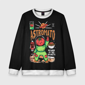 Детский свитшот 3D с принтом Astromato в Тюмени, 100% полиэстер | свободная посадка, прямой крой, мягкая тканевая резинка на рукавах и понизу свитшота | Тематика изображения на принте: alive | astronaut | defender | food | galaxy | ketchup | monster | moon | pizza | planet | space | spaghetti | tomato | vegetable | астронавт | галактика | еда | живая | живой | защитник | кетчуп | космос | луна | монстр | овощ | пицца | планета | помидор