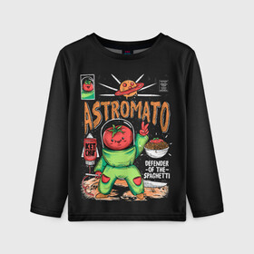 Детский лонгслив 3D с принтом Astromato в Тюмени, 100% полиэстер | длинные рукава, круглый вырез горловины, полуприлегающий силуэт
 | alive | astronaut | defender | food | galaxy | ketchup | monster | moon | pizza | planet | space | spaghetti | tomato | vegetable | астронавт | галактика | еда | живая | живой | защитник | кетчуп | космос | луна | монстр | овощ | пицца | планета | помидор