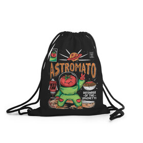 Рюкзак-мешок 3D с принтом Astromato в Тюмени, 100% полиэстер | плотность ткани — 200 г/м2, размер — 35 х 45 см; лямки — толстые шнурки, застежка на шнуровке, без карманов и подкладки | alive | astronaut | defender | food | galaxy | ketchup | monster | moon | pizza | planet | space | spaghetti | tomato | vegetable | астронавт | галактика | еда | живая | живой | защитник | кетчуп | космос | луна | монстр | овощ | пицца | планета | помидор