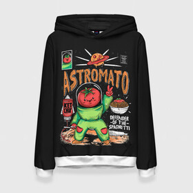 Женская толстовка 3D с принтом Astromato в Тюмени, 100% полиэстер  | двухслойный капюшон со шнурком для регулировки, мягкие манжеты на рукавах и по низу толстовки, спереди карман-кенгуру с мягким внутренним слоем. | alive | astronaut | defender | food | galaxy | ketchup | monster | moon | pizza | planet | space | spaghetti | tomato | vegetable | астронавт | галактика | еда | живая | живой | защитник | кетчуп | космос | луна | монстр | овощ | пицца | планета | помидор