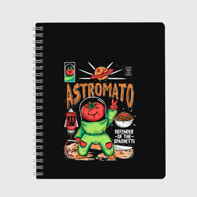 Тетрадь с принтом Astromato в Тюмени, 100% бумага | 48 листов, плотность листов — 60 г/м2, плотность картонной обложки — 250 г/м2. Листы скреплены сбоку удобной пружинной спиралью. Уголки страниц и обложки скругленные. Цвет линий — светло-серый
 | Тематика изображения на принте: alive | astronaut | defender | food | galaxy | ketchup | monster | moon | pizza | planet | space | spaghetti | tomato | vegetable | астронавт | галактика | еда | живая | живой | защитник | кетчуп | космос | луна | монстр | овощ | пицца | планета | помидор