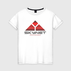 Женская футболка хлопок с принтом Skynet в Тюмени, 100% хлопок | прямой крой, круглый вырез горловины, длина до линии бедер, слегка спущенное плечо | cyberdyne systems corporation | logo skynet | sarah j. connor | skynet | terminator | высокие технологии | кибердайн технологии | классика | лого skynet | логотип скайнет | ностальгия | ретро | сара коннор | скайнет | судный день | т 1000