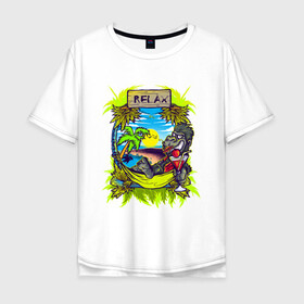 Мужская футболка хлопок Oversize с принтом RELAX | МОРЕ | ПЛЯЖ в Тюмени, 100% хлопок | свободный крой, круглый ворот, “спинка” длиннее передней части | palm | relax | sea | sun | гамак | горилла | лето | море | небо | обезьяна | отпуск | пальма | пальмы | пляж | релакс | солнце