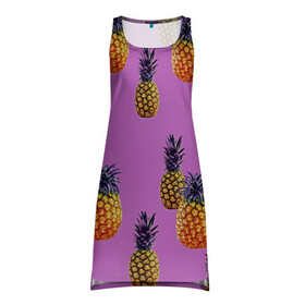 Платье-майка 3D с принтом Ананасы в Тюмени, 100% полиэстер | полуприлегающий силуэт, широкие бретели, круглый вырез горловины, удлиненный подол сзади. | ананас | жара | желтый | красный | летний принт | летняя | лето | минимализм | фрукты | футболка в полоску