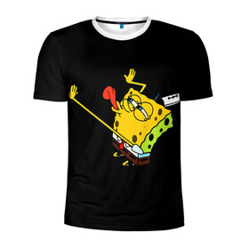 Мужская футболка 3D спортивная с принтом SpongeBob 3s в Тюмени, 100% полиэстер с улучшенными характеристиками | приталенный силуэт, круглая горловина, широкие плечи, сужается к линии бедра | губка боб | на коленях | облизывает | один | спанч боб