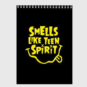 Скетчбук с принтом Smells like teen spirit в Тюмени, 100% бумага
 | 48 листов, плотность листов — 100 г/м2, плотность картонной обложки — 250 г/м2. Листы скреплены сверху удобной пружинной спиралью | alternative | kurt cobain | metall | music | nirvana | rock | альтернатива | курт кобейн | курт кобэйн | металл | музыка | нирвана | нирванна | рок