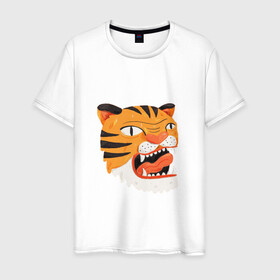 Мужская футболка хлопок с принтом Mad tiger в Тюмени, 100% хлопок | прямой крой, круглый вырез горловины, длина до линии бедер, слегка спущенное плечо. | берсерк | злось | пантера | показывать язык | тигр