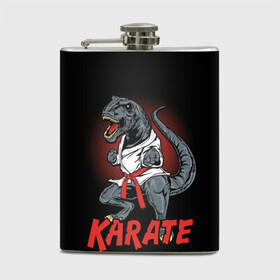 Фляга с принтом KARATE T-REX в Тюмени, металлический корпус | емкость 0,22 л, размер 125 х 94 мм. Виниловая наклейка запечатывается полностью | animal | dinosaur | fight | fighter | hunter | karate | red | sport | strong | t rex | боец | бои | динозавр | карате | сила | спорт | тиранозавр | хищник