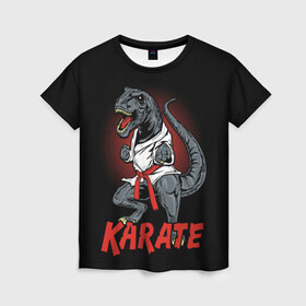 Женская футболка 3D с принтом KARATE T-REX в Тюмени, 100% полиэфир ( синтетическое хлопкоподобное полотно) | прямой крой, круглый вырез горловины, длина до линии бедер | animal | dinosaur | fight | fighter | hunter | karate | red | sport | strong | t rex | боец | бои | динозавр | карате | сила | спорт | тиранозавр | хищник