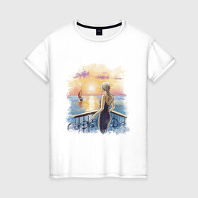 Женская футболка хлопок с принтом Девушка и море в Тюмени, 100% хлопок | прямой крой, круглый вырез горловины, длина до линии бедер, слегка спущенное плечо | девушка | закат | лето | море | отдых | парусник