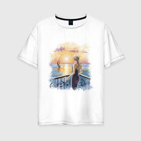 Женская футболка хлопок Oversize с принтом Девушка и море в Тюмени, 100% хлопок | свободный крой, круглый ворот, спущенный рукав, длина до линии бедер
 | девушка | закат | лето | море | отдых | парусник