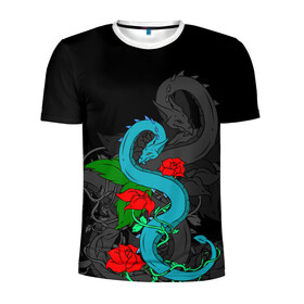 Мужская футболка 3D спортивная с принтом Дракон и Розы в Тюмени, 100% полиэстер с улучшенными характеристиками | приталенный силуэт, круглая горловина, широкие плечи, сужается к линии бедра | dragon | rose | дракон | животные | змея | монстр | природа | растения | розы | узор | цветы