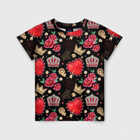 Детская футболка 3D с принтом Корона и розы в Тюмени, 100% гипоаллергенный полиэфир | прямой крой, круглый вырез горловины, длина до линии бедер, чуть спущенное плечо, ткань немного тянется | абстракция | королева | корона | паттерн | розы | текстуры | узоры | цветы
