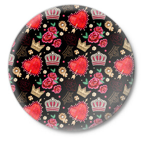 Значок с принтом Корона и розы в Тюмени,  металл | круглая форма, металлическая застежка в виде булавки | абстракция | королева | корона | паттерн | розы | текстуры | узоры | цветы