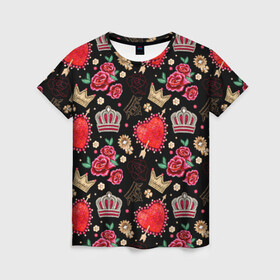 Женская футболка 3D с принтом Корона и розы в Тюмени, 100% полиэфир ( синтетическое хлопкоподобное полотно) | прямой крой, круглый вырез горловины, длина до линии бедер | абстракция | королева | корона | паттерн | розы | текстуры | узоры | цветы