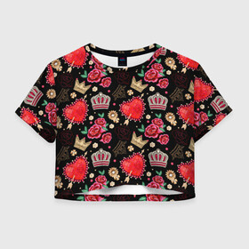 Женская футболка Crop-top 3D с принтом Корона и розы в Тюмени, 100% полиэстер | круглая горловина, длина футболки до линии талии, рукава с отворотами | абстракция | королева | корона | паттерн | розы | текстуры | узоры | цветы